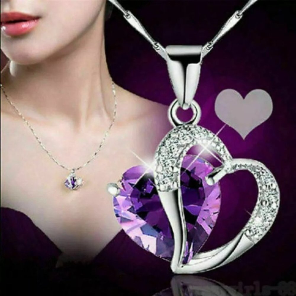 925 Silver Chain Crystal Heart Pendant Necklace - Picture 1 of 2